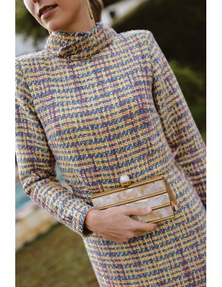 Vestido midi de tweed multicolor con lazada y volante para invitada de invierno