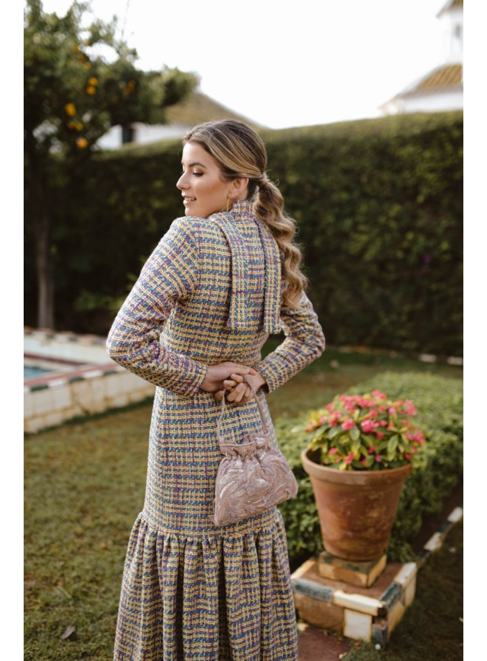 Robe midi en tweed multicolore avec laçage et...