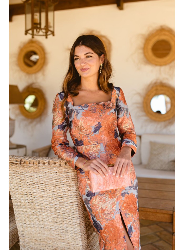 Orange and blue floral midi dress with square...