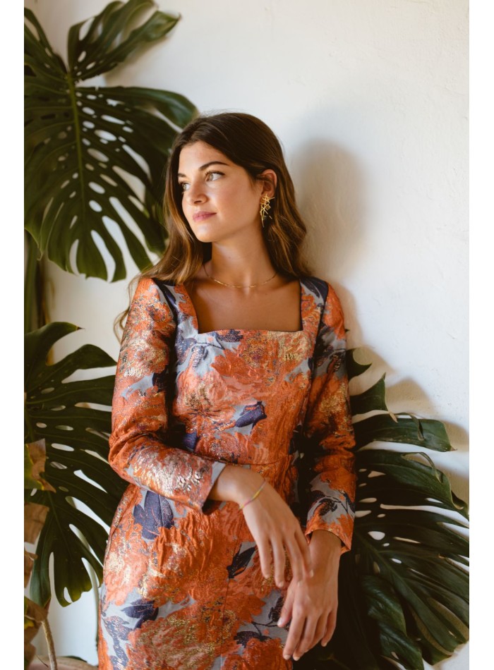 Robe midi à encolure carrée et à fleurs orange...