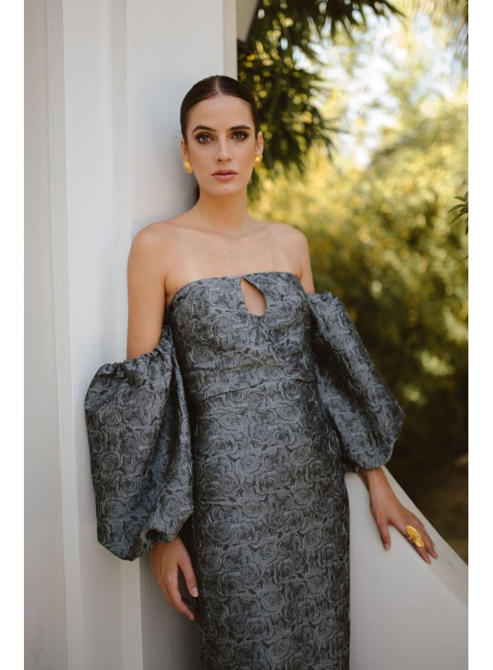 Top de fête en brocart gris et noir avec...