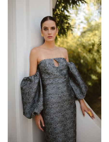 Top de fête en brocart gris et noir avec manches ballon