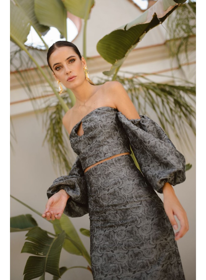 Grey and black brocade party top with balloon...