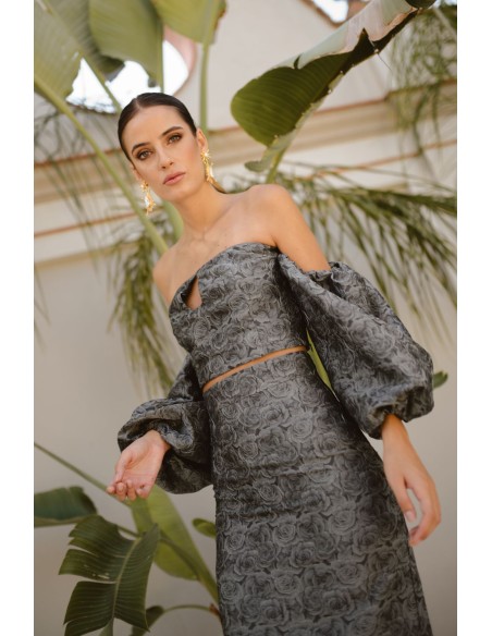 Top de fête en brocart gris et noir avec manches ballon