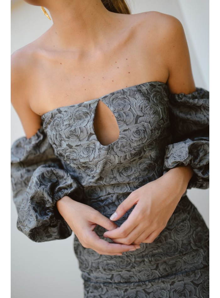 Top de fête en brocart gris et noir avec...