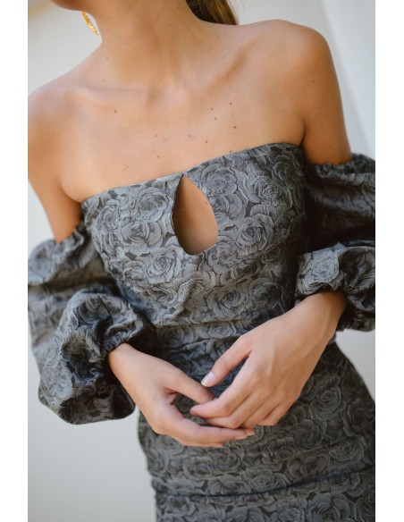 Grey and black brocade party top with balloon sleeves