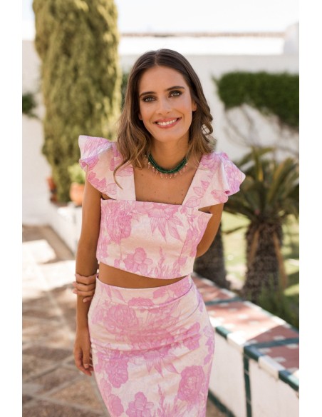 Top brocado rosa estampado con volantes para bautizos Top brocado rosa estampado con volantes para bautizos