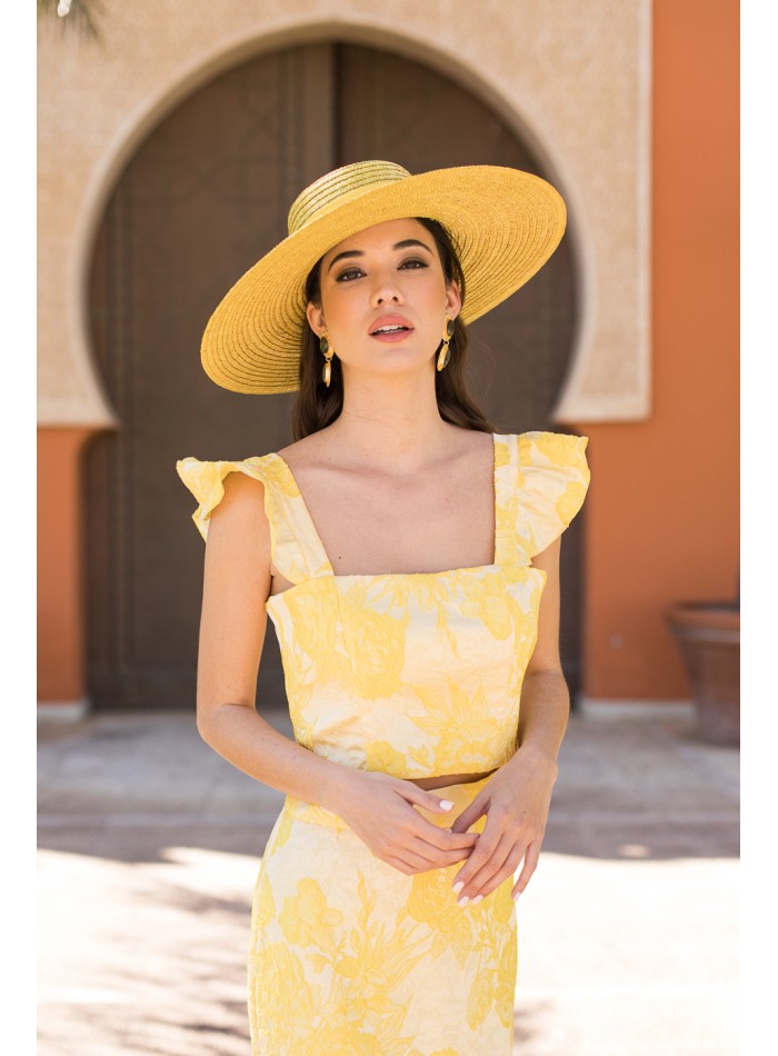 Top de fête imprimé jaune avec bretelles à volants