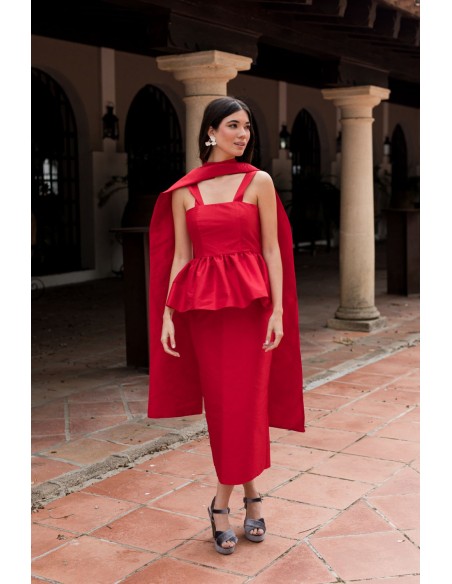 Jupe midi droite en taffetas rouge