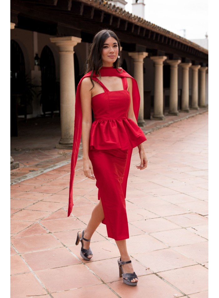 Jupe midi droite en taffetas rouge