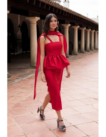 Jupe midi droite en taffetas rouge