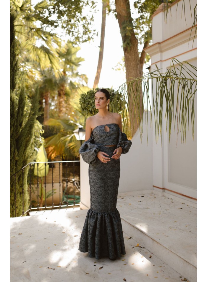 Grey and black brocade long skirt with flounce