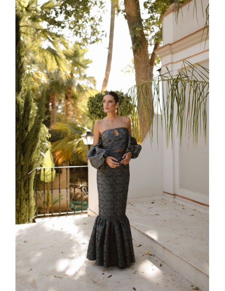 Grey and black brocade long skirt with flounce