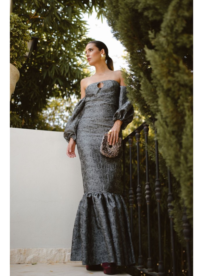 Jupe longue à volants en brocart gris et noir