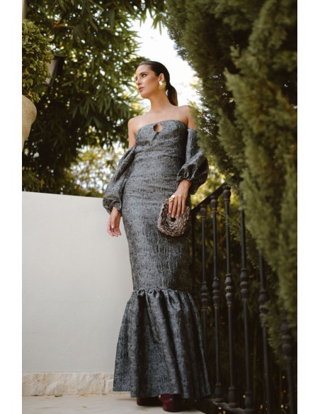 Grey and black brocade long skirt with flounce