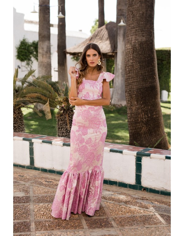 Falda larga rosa brocada con maxi volantes 2