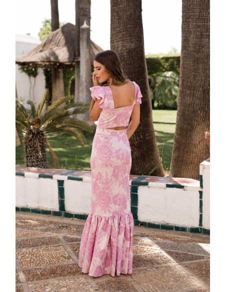 Falda larga rosa brocada con maxi volantes para graduaciones y bodas Falda larga rosa brocada con maxi volantes para graduaciones y bodas