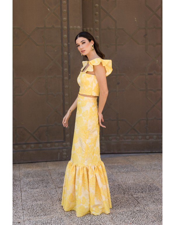 Falda midi de fiesta amarilla estampada con maxi volante 2