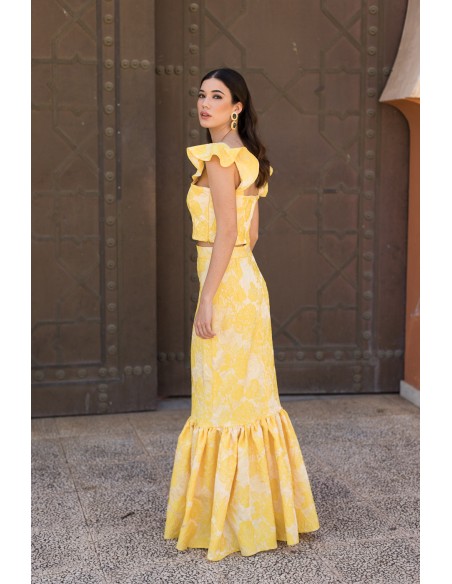 Yellow printed long skirt with maxi frill