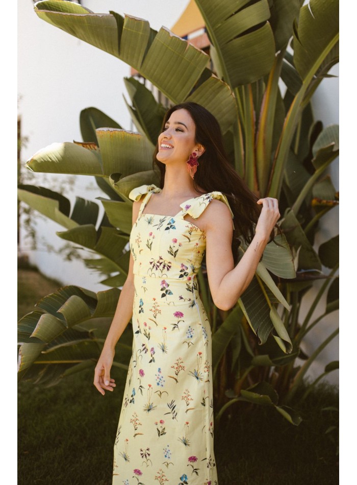 Falda midi evasé amarilla con estampado floral para eventos