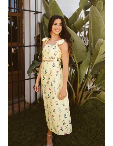 Falda midi evasé amarilla con estampado floral para ocasiones especiales Falda midi evasé amarilla con estampado floral para ocasiones especiales