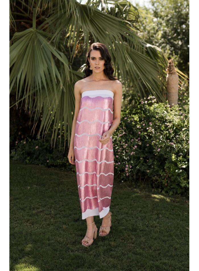 Vestido de fiesta midi estampado de lentejuelas rosa para bodas de dia