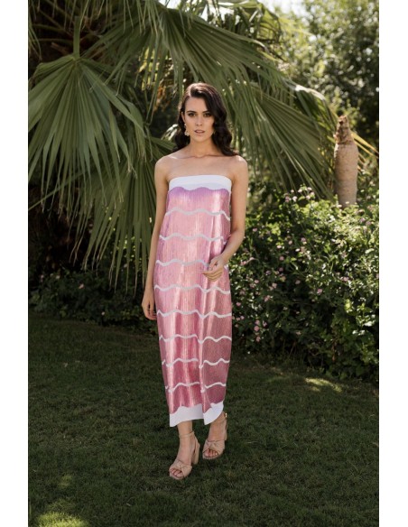 Pink sequin printed midi party dress with sequin print