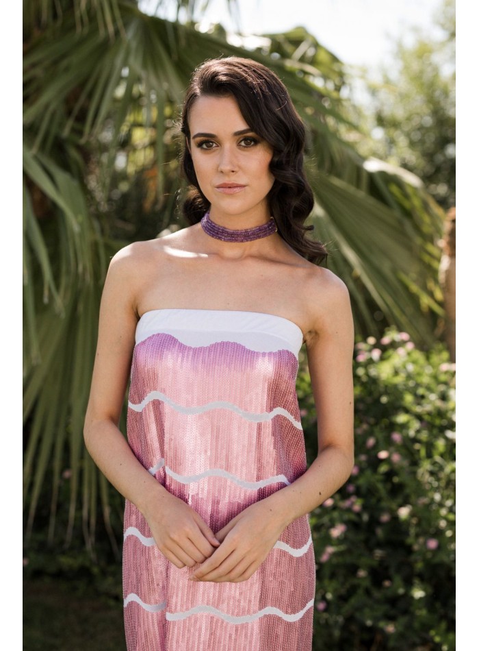 Vestido de fiesta midi estampado de lentejuelas rosa para bautizos