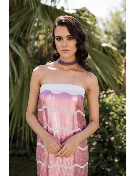 Robe de soirée midi à imprimé paillettes rose