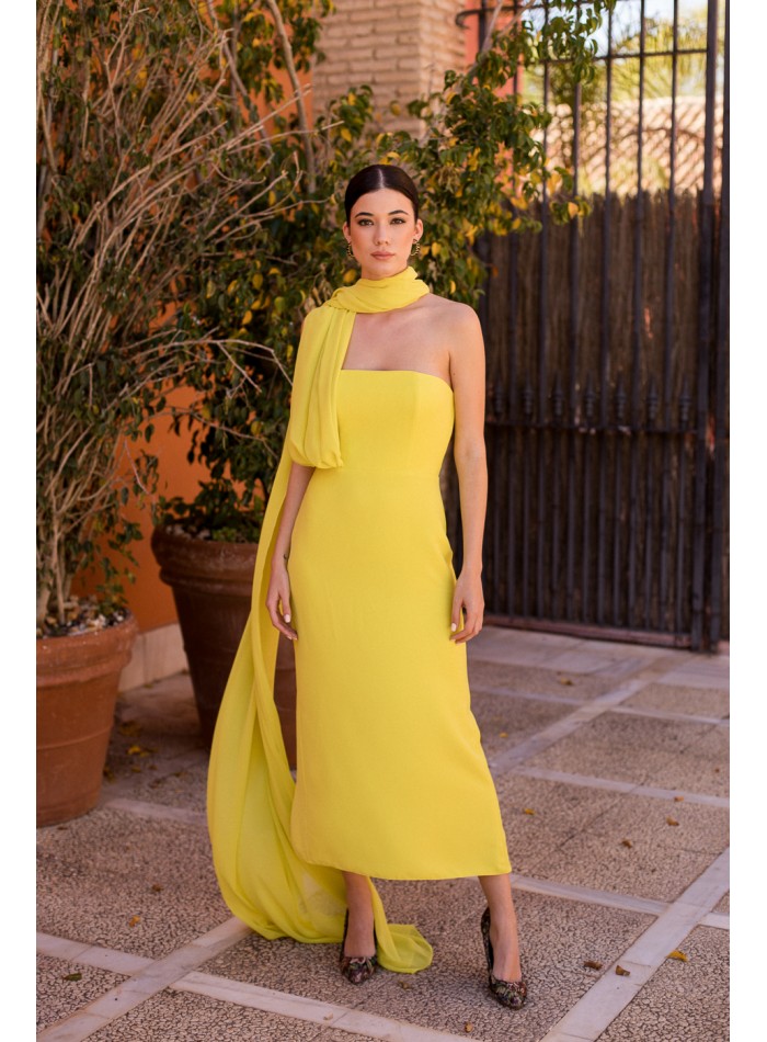 Yellow strapless chiffon midi party dress