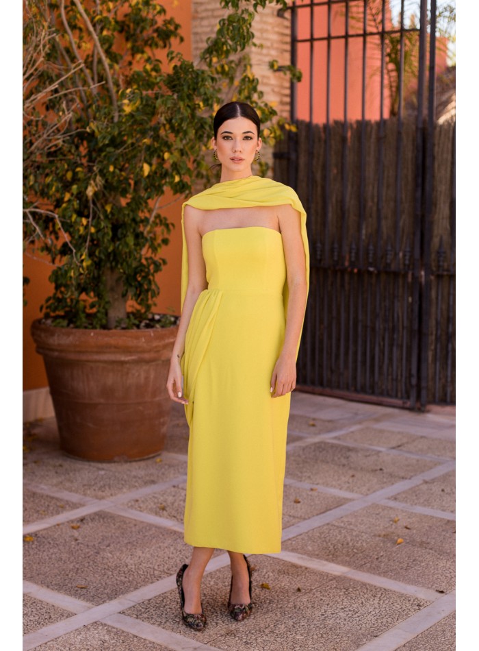 Yellow strapless chiffon midi party dress
