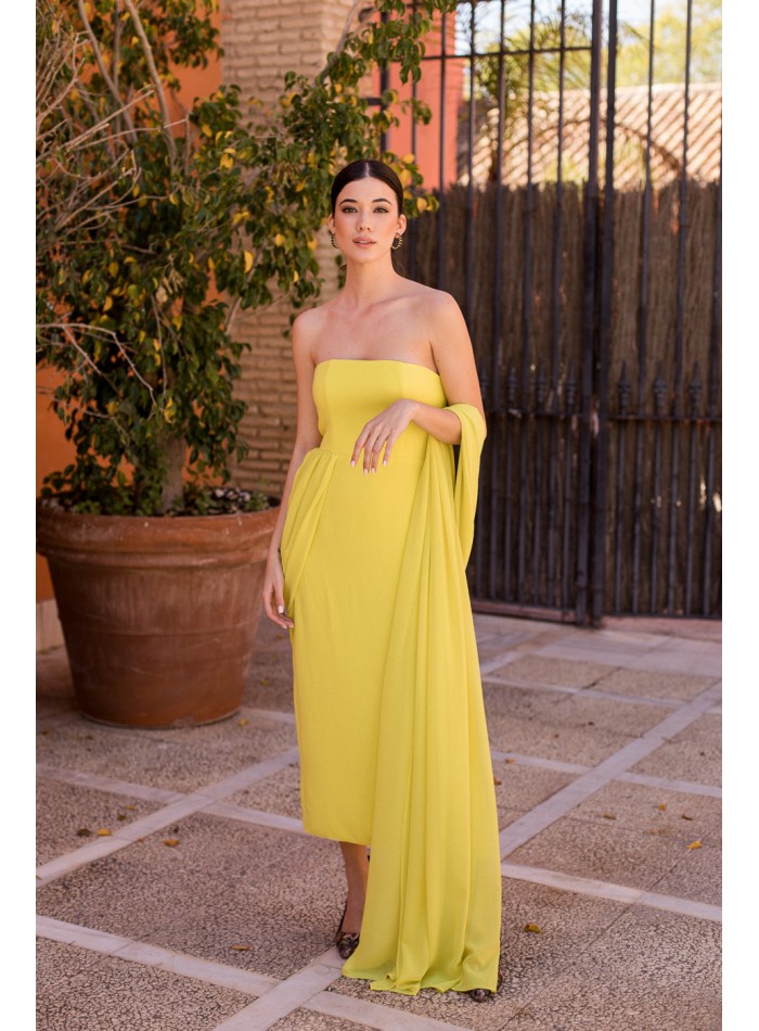 Yellow strapless chiffon midi party dress