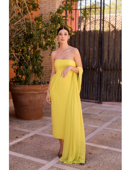 Yellow strapless chiffon midi party dress