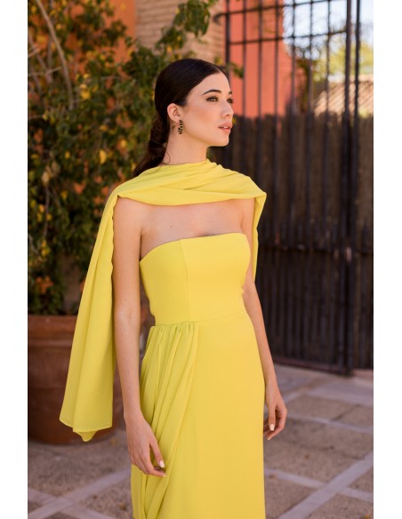 Yellow strapless chiffon midi party dress