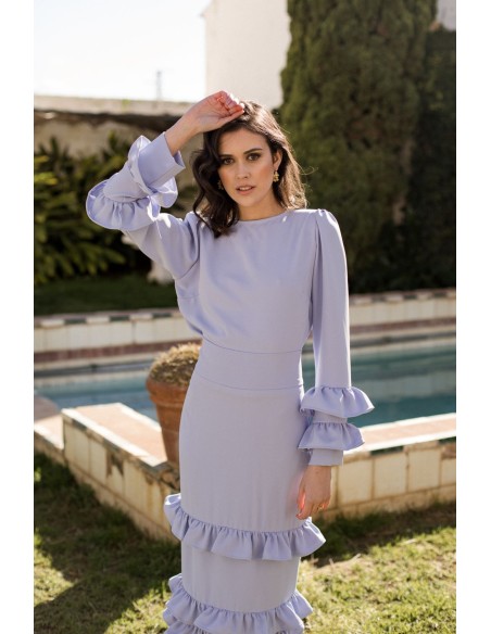 Chemisier de fête bleu clair à manches longues et volants