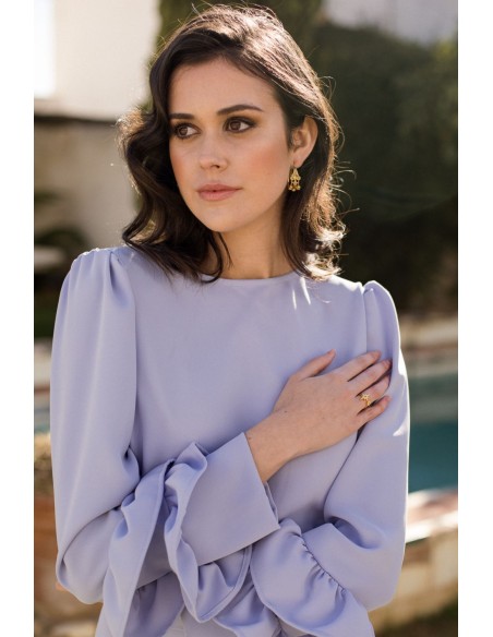 Light blue party blouse with long sleeves and flounces