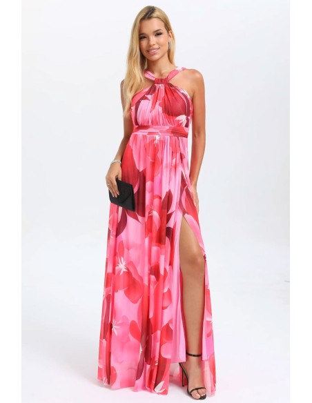 Vestido de fiesta con escote halter estampado floral rosa Vestido de fiesta con escote halter estampado floral rosa