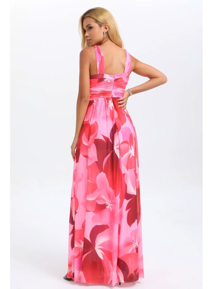 Vestido de fiesta largo rosa con escote halter y estampado floral, ideal para invitada de boda