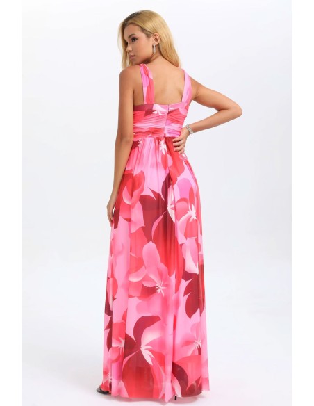 Vestido de fiesta largo rosa con escote halter y estampado floral, ideal para invitada de boda Vestido de fiesta largo rosa con escote halter y estampado floral, ideal para invitada de boda