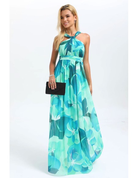 Evening dress with floral print halter neckline