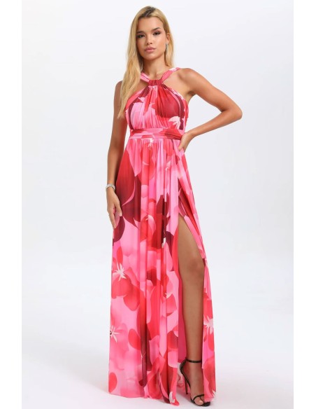 Vestido elegante en tono rosa con diseño floral y escote halter para eventos y bodas Vestido elegante en tono rosa con diseño floral y escote halter para eventos y bodas