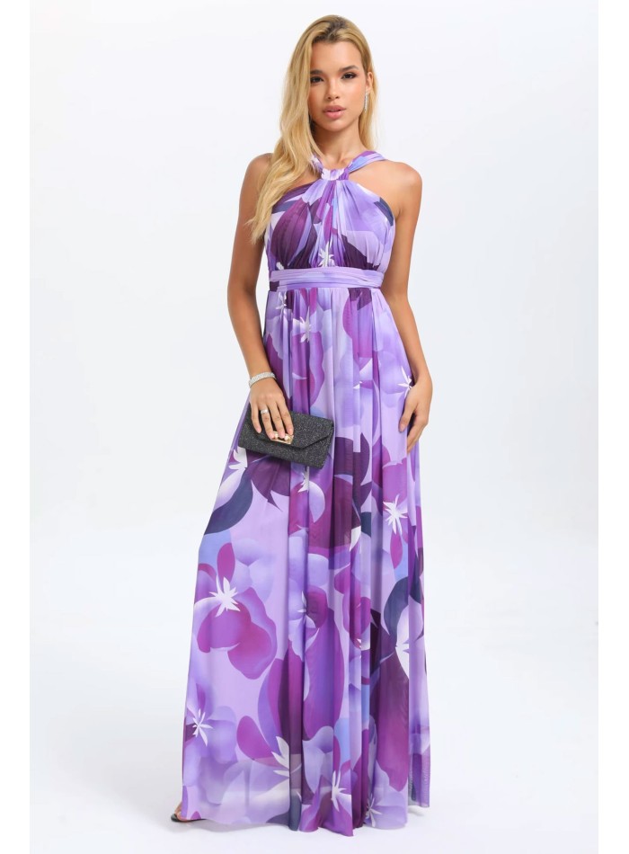Vestido largo color morado con flores, estilo halter para bodas y celebraciones formales