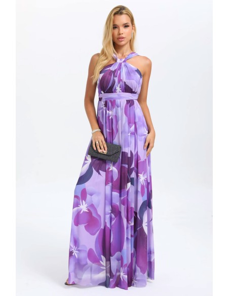 Vestido largo color morado con flores, estilo halter para bodas y celebraciones formales Vestido largo color morado con flores, estilo halter para bodas y celebraciones formales