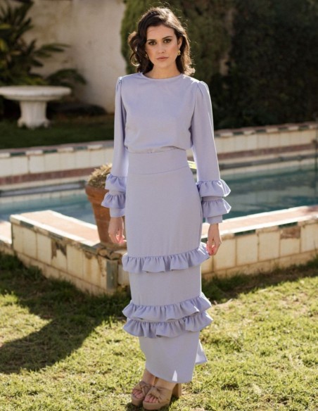 Jupe de soirée midi à volants bleu clair