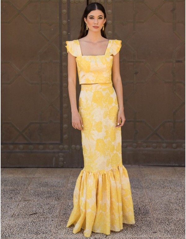 Falda midi de fiesta amarilla estampada con maxi volante