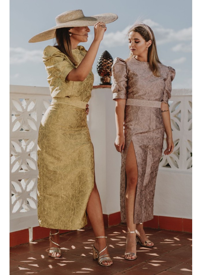 Midi skirt with brocade flowers pink make up