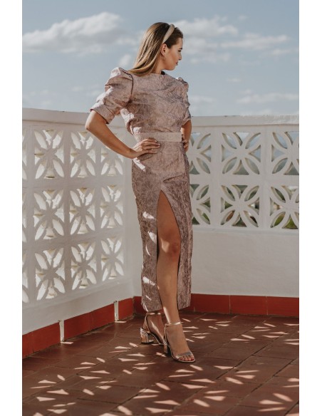 Falda midi con brocado de flores rosa maquillaje