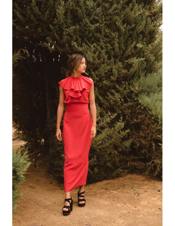 Jupe midi droite à taille haute rouge