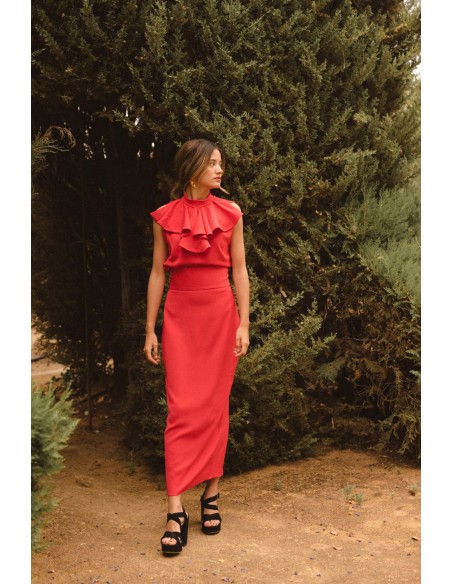 Falda midi recta de tiro alto roja