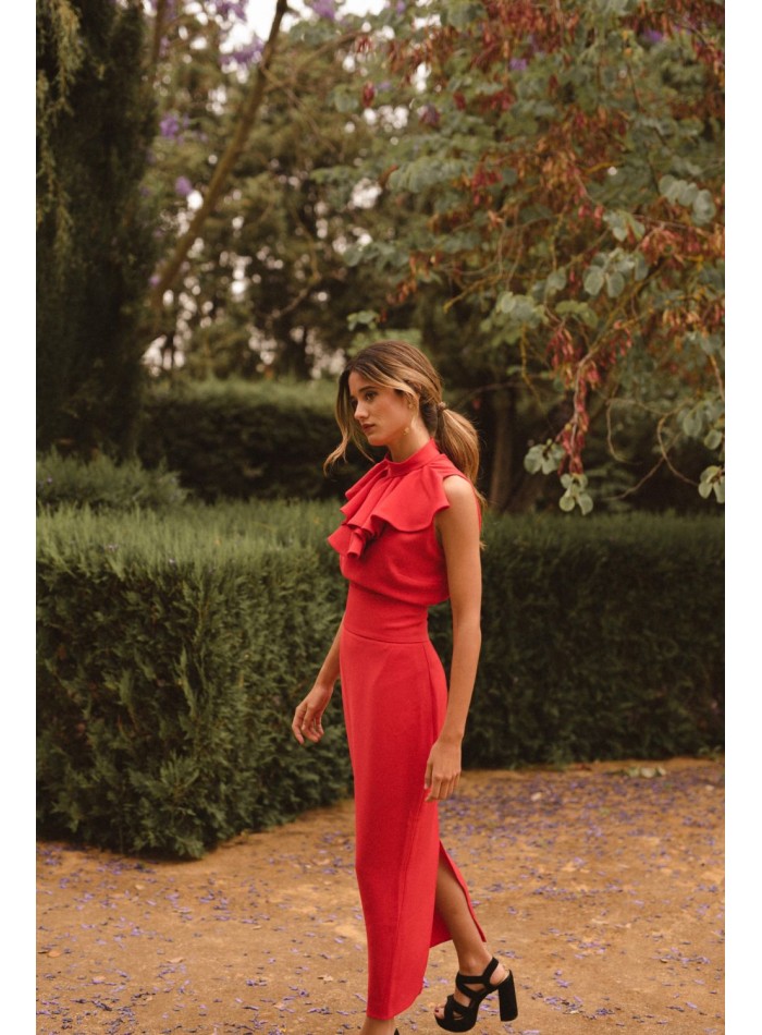 Jupe midi droite à taille haute rouge